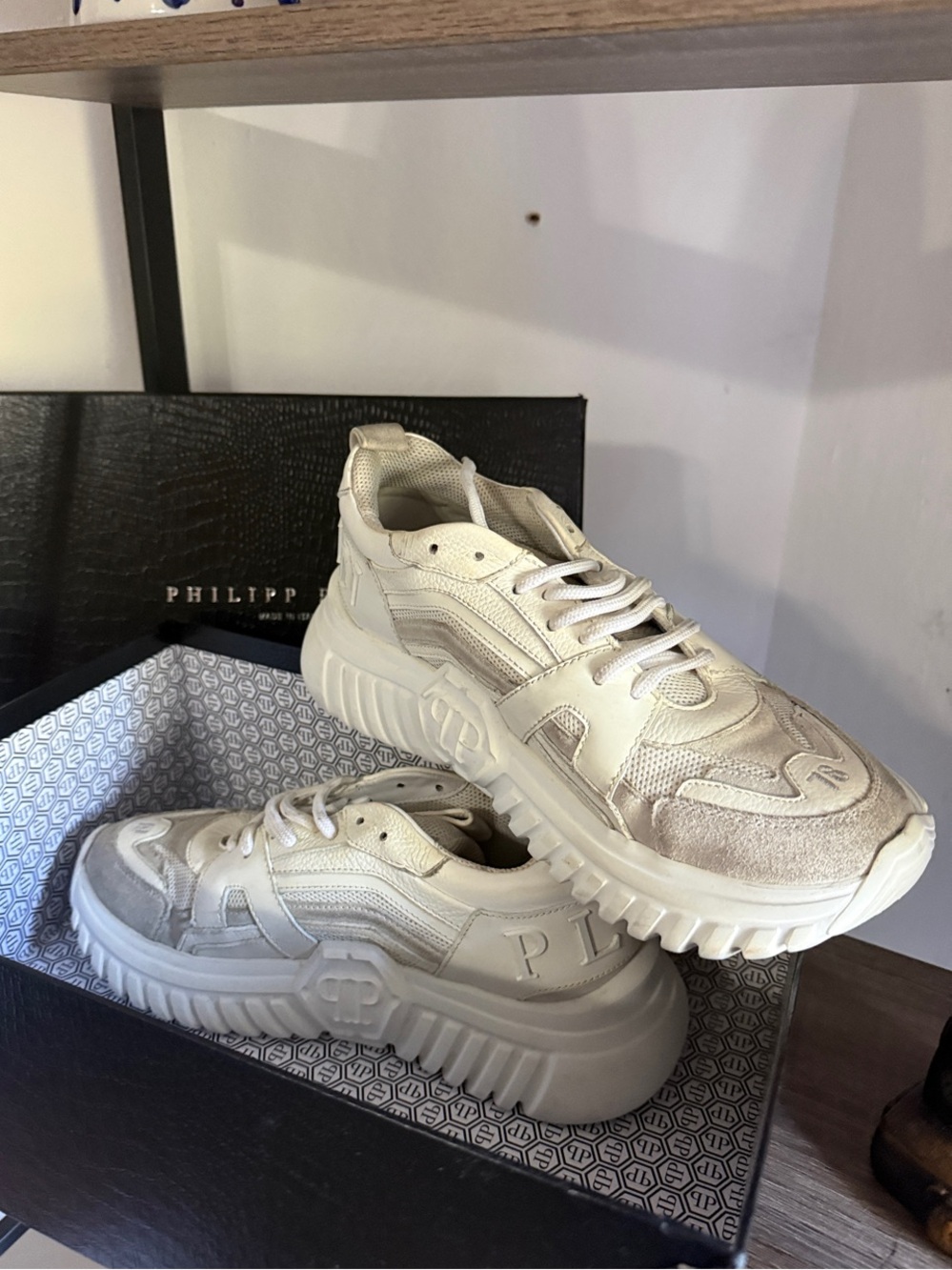 Philipp Plein Off-White and Cream Platform Sneakers